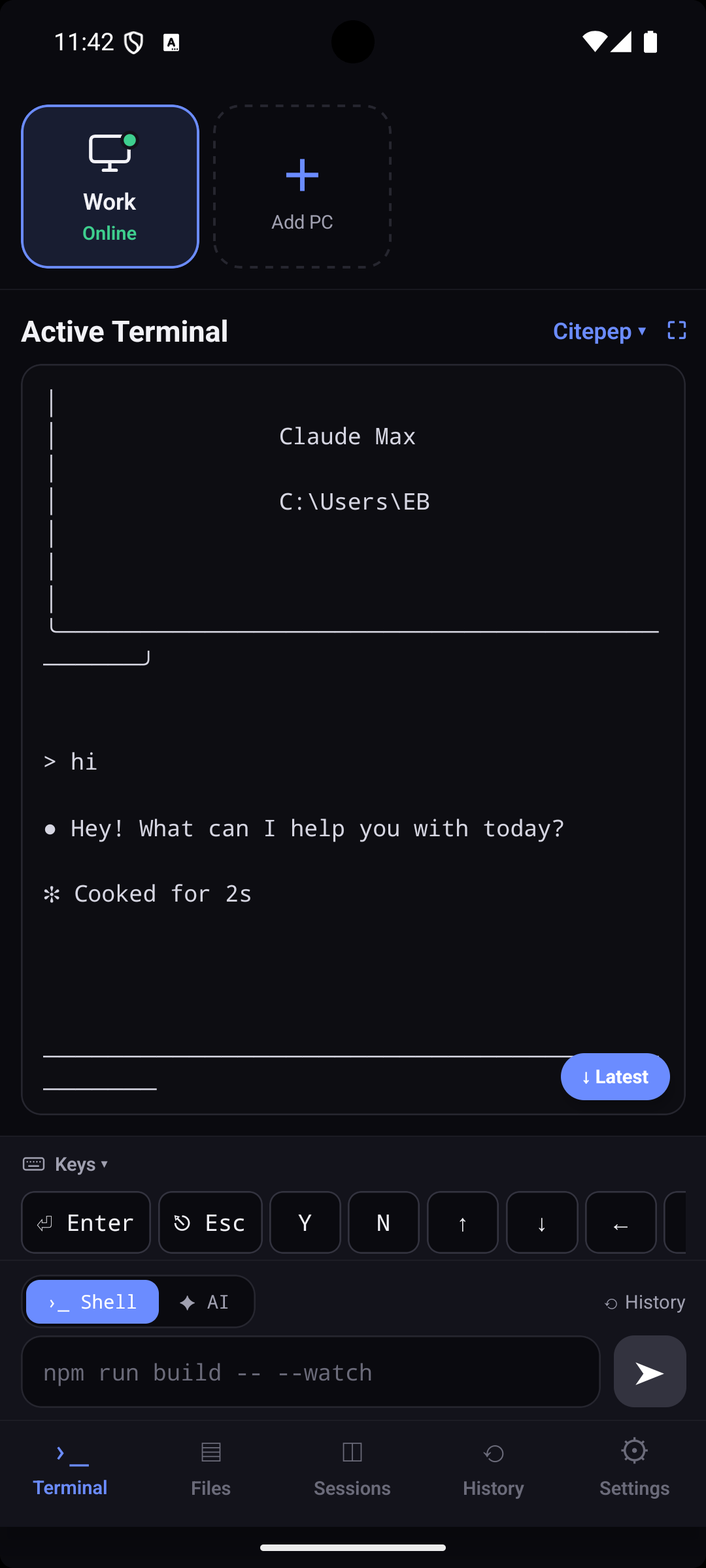 Claude Code running in a live terminal session on the connected PC, driven from the phone