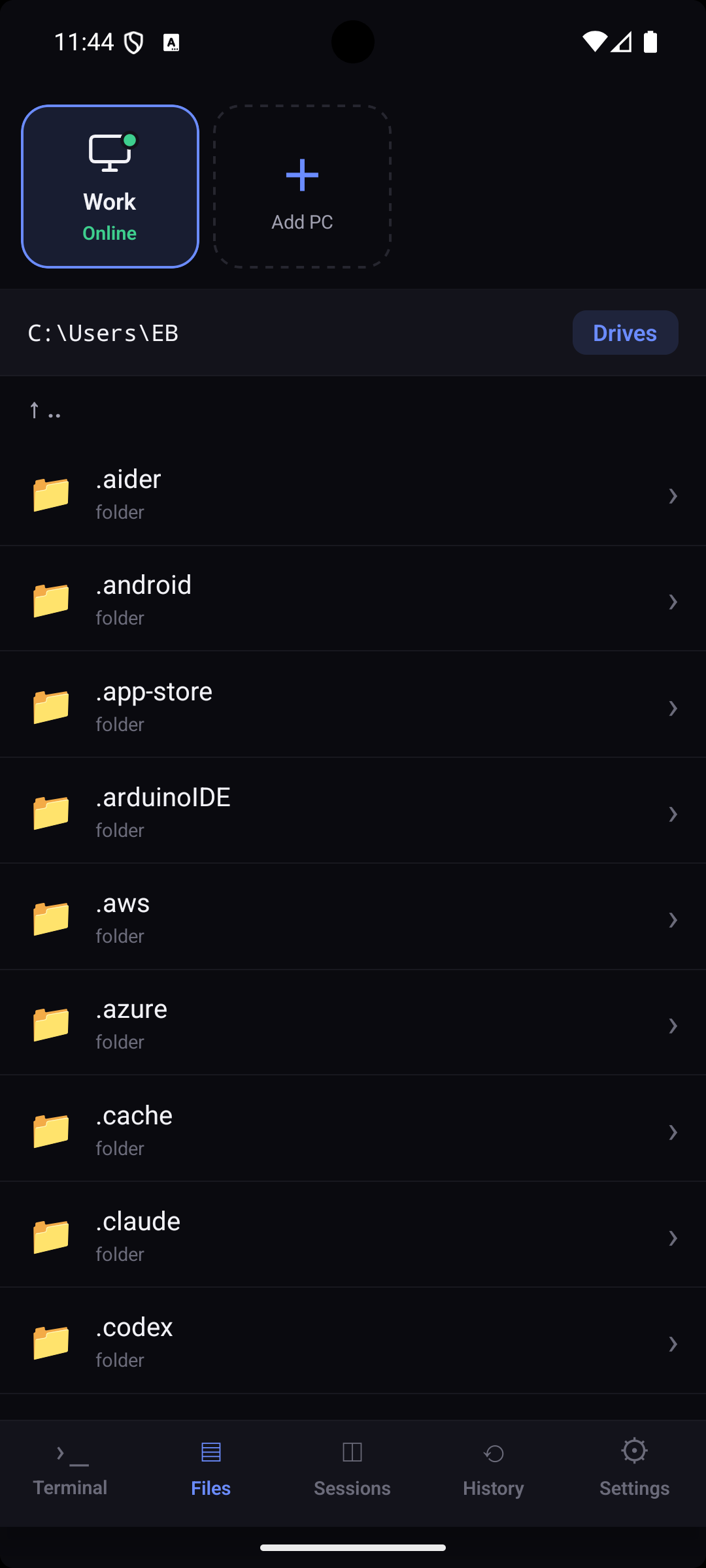Browsing the connected PC's files and folders from the phone
