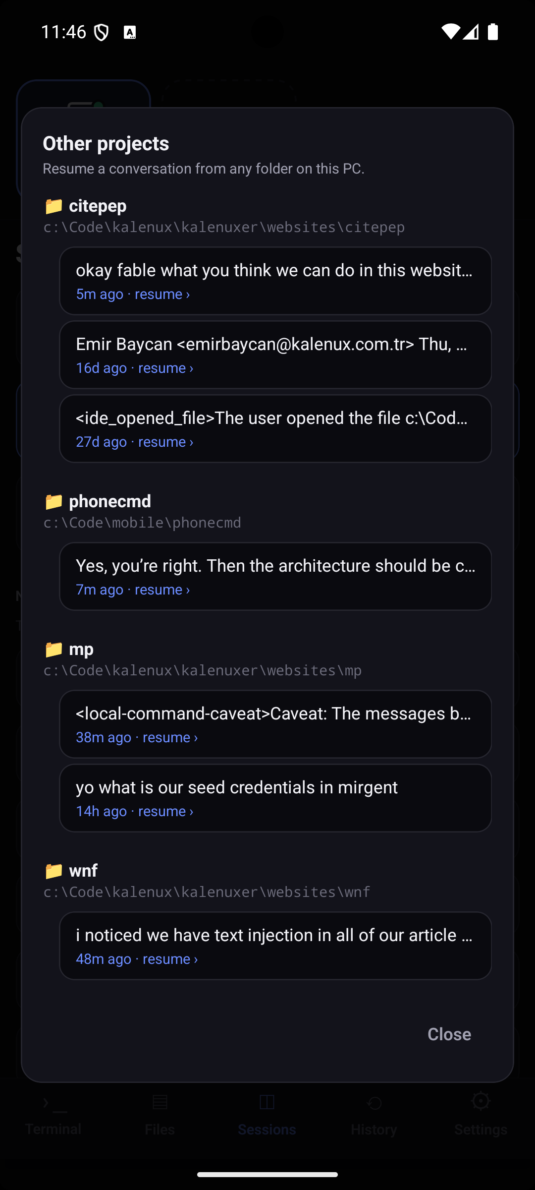 Resume a past coding-CLI conversation from any project folder on the PC