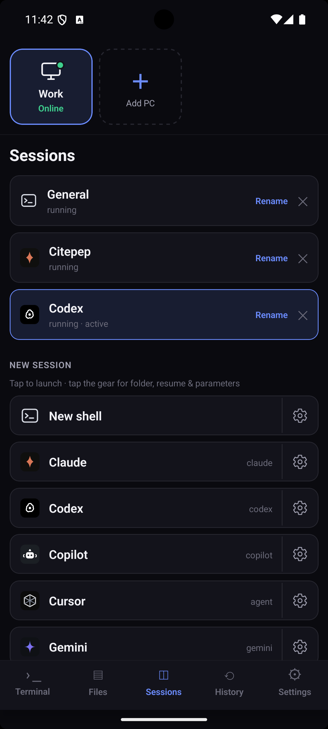 Session switcher listing running shells and coding CLIs with per-CLI launch options