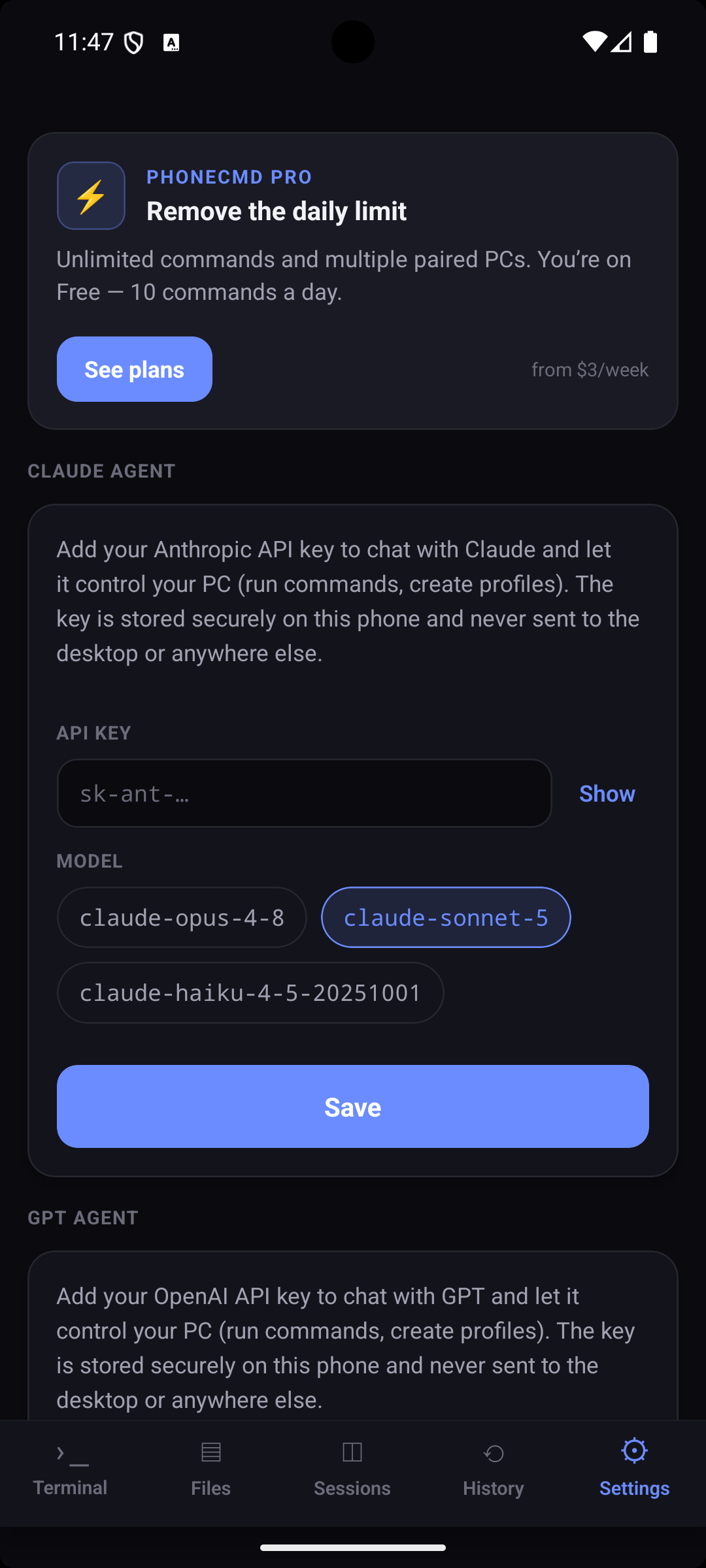 On-device Claude and GPT agent settings, API key stored only on the phone