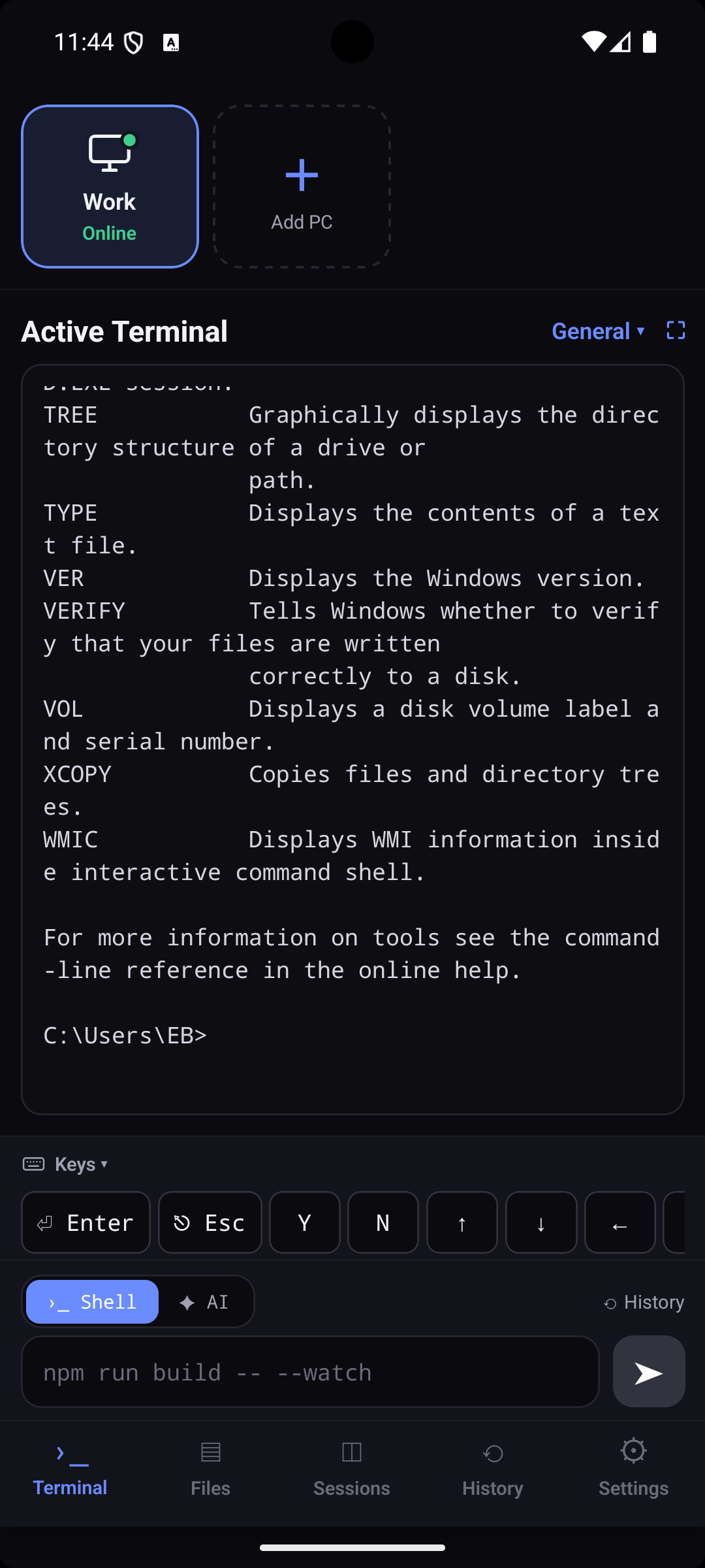 Live CMD terminal session with command output, streamed to a phone from a connected PC